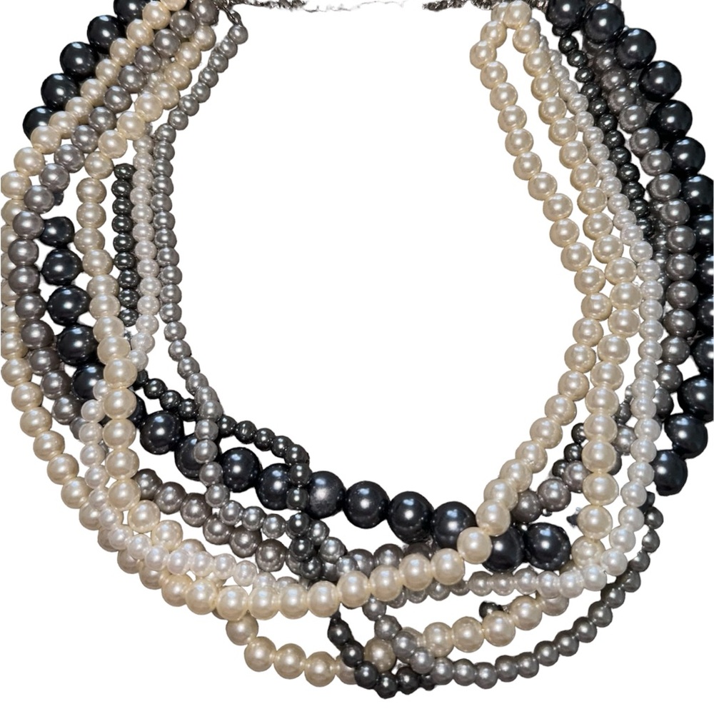 Ivory white ,Grey ,champagne Pearls. Statement Necklace, Multi Strand Necklace